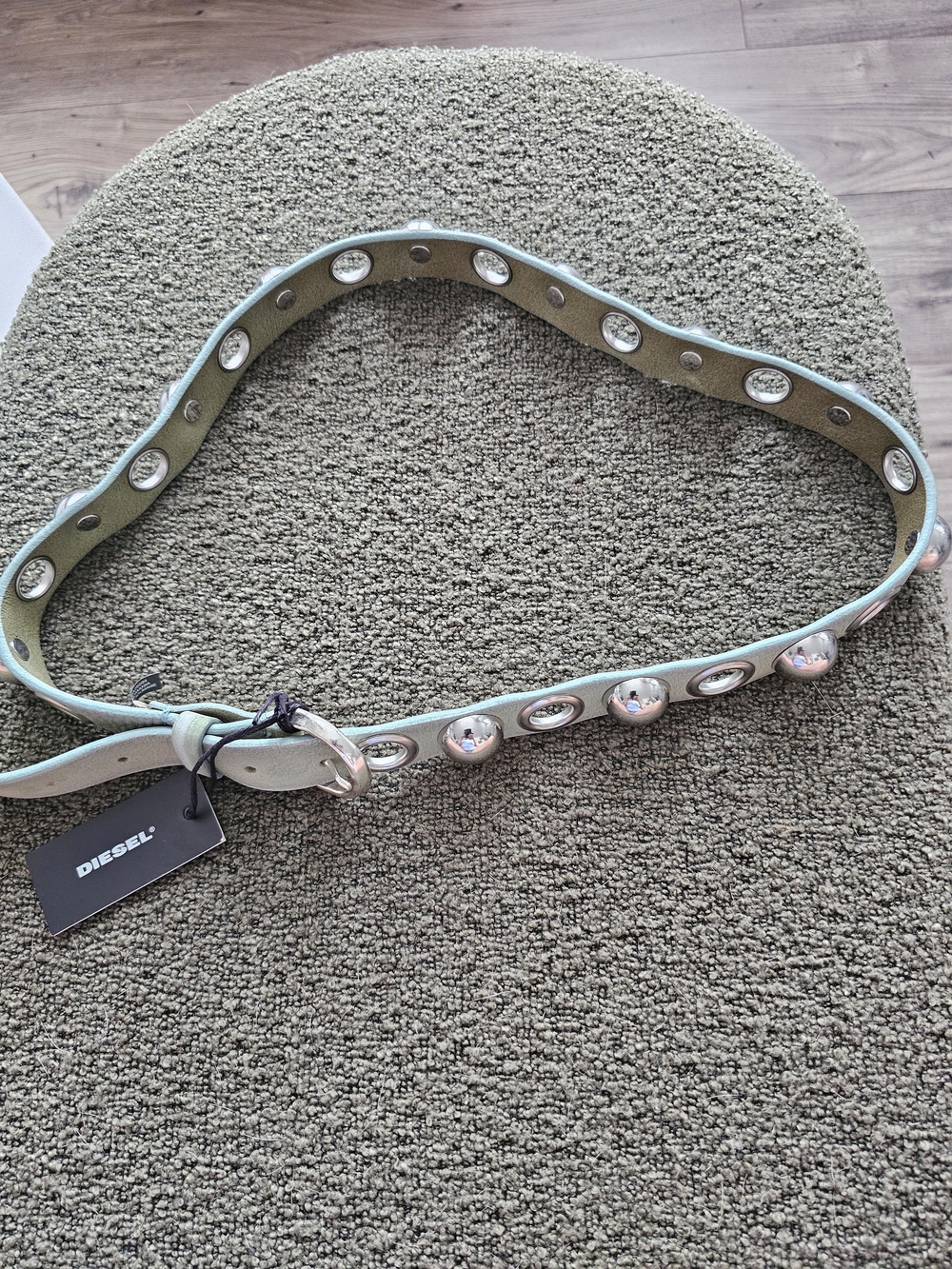 DIESEL Pale Green Leather Belt with Silver Stud Accents